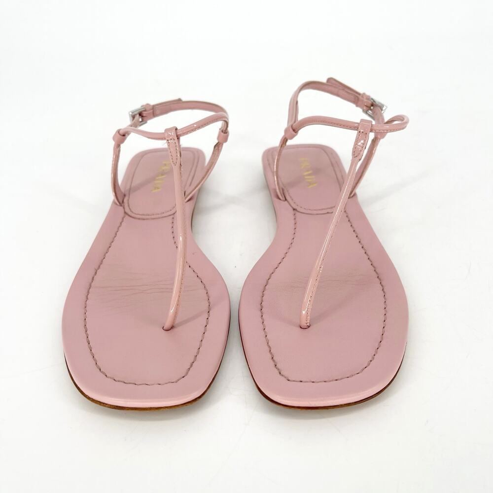Prada Light Pink Patent Leather T Strap Thong Strappy Flat Sandals IT 37 - Picture 4 of 11